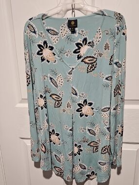 JM Collection Aqua Floral  V-Neck Tunic